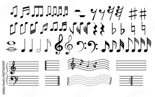 set of music signs icons. Collection of musical notes, symbols, and staff lines isolated on white for educational materials, music-themed posters, sheet music covers, or decorative purposes