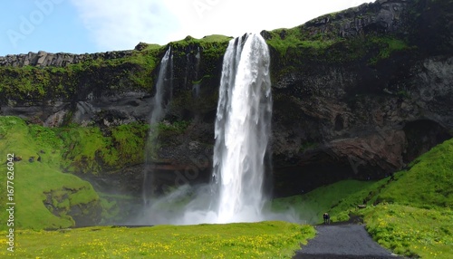 Majestic waterfall cascades down a dramatic cliff face in a lush, green landscape.
