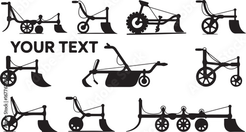 Assortment of Black Agricultural Tiller Silhouettes on White Background cultivator agriculture