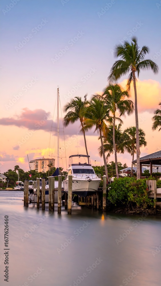 Obraz premium Canal sunset with palm trees and boat