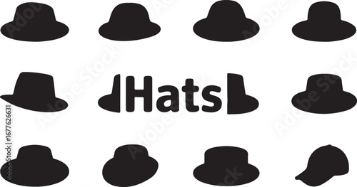 Assortment of Black Silhouette Hat Shapes and the Word Hats on White Background headwear fashion