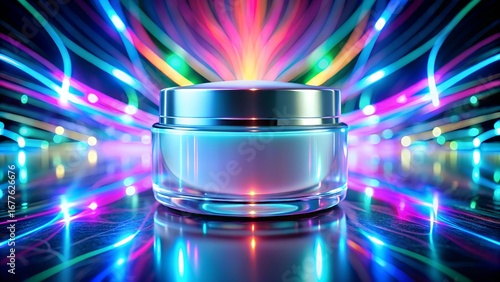 Sleek jar of moisturizer radiating vibrant energy in a modern futuristic setting for skincare brands