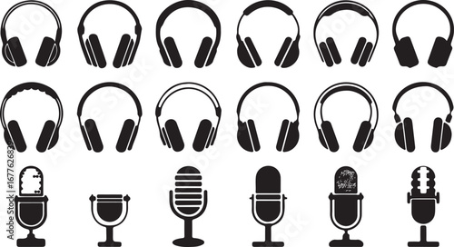 Assortment of Black Silhouette Headphones and Microphones Vector Icons audio sound
