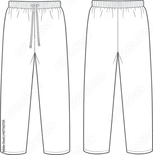 Men’s basic sweatpants flat vector, front and back view, drawstring waist, fashion CAD sketch, apparel technical illustration