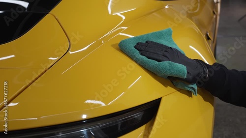 Microfiber hand cleaning and washing sports car using microfiber towel in garage 4k video. Manual washing and polishing car with microfiber cloth after detailing procedure.