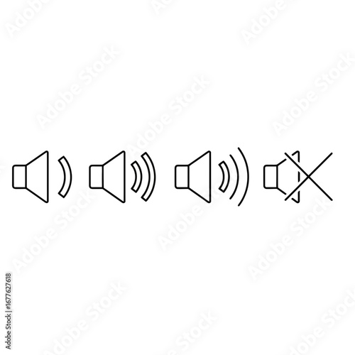 Volume control icons representing audio levels and mute function, useful for user interface design, application development, or website graphics