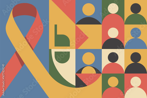 Geometric graphic design featuring a ribbon and stylized people icons in various colors and shapes