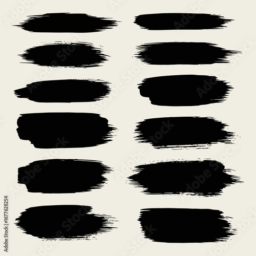 Collection of vector brush strokes in black ink, suitable for artistic design elements, overlays, backgrounds, and creative projects requiring textural accents and graphic enhancement