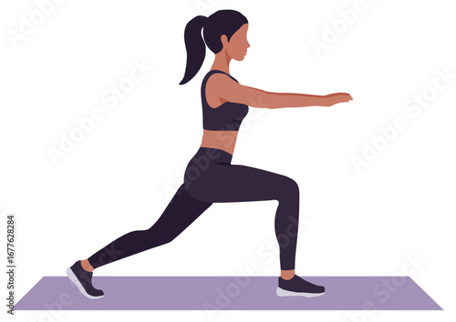 Woman doing a lunges exercise on a yoga mat. Fitness training for a healthy lifestyle. 