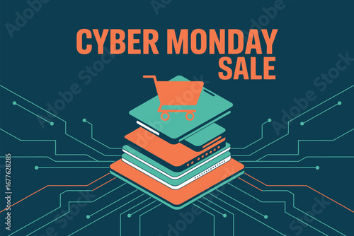 Cyber monday sale advertisement with shopping cart and stacked platforms on a circuit background