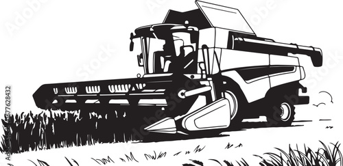 Black and White Illustration of a Combine Harvester in a Field agriculture farming