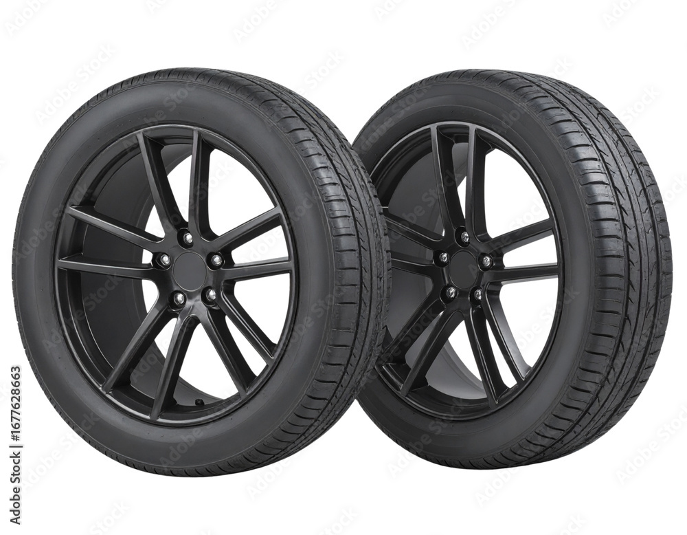 Obraz premium Two Black Car Wheels with Tires, Isolated on Transparent Background