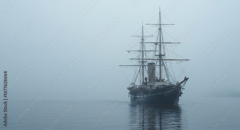 Obraz premium Antique ship in misty sea background