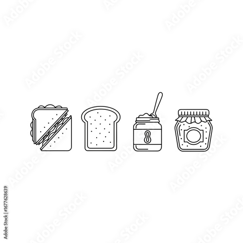 Simple line drawing of peanut butter and jelly sandwich ingredients, perfect for educational materials, recipe illustrations, or healthy eating resources.