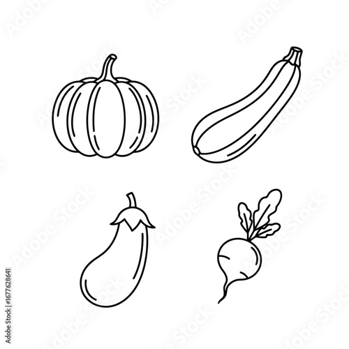 Minimalist line art illustration of assorted vegetables including pumpkin, zucchini, eggplant, and radish for use in culinary blogs, recipe websites, or educational materials