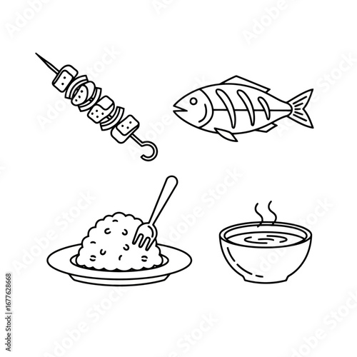 Minimalist line art illustration of a seafood meal featuring grilled fish, shish kebab, rice, and soup. Suitable for restaurant menus, food blogs, or culinary design projects.