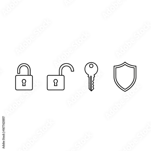 Minimalist line art depicting security concepts featuring padlock in locked and unlocked states, a key, and a shield, ideal for representing security measures