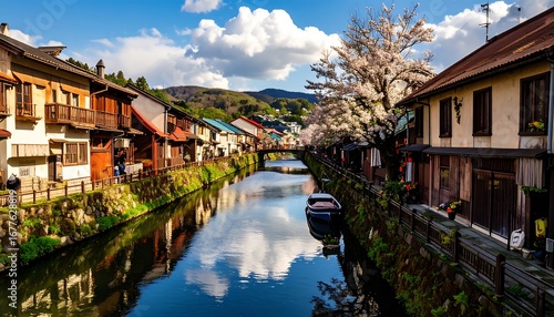 Canal town with cherry blossoms