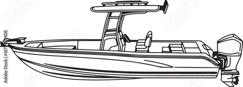 Black and White Line Art Illustration of a Modern Speedboat with Outboard Motor watercraft