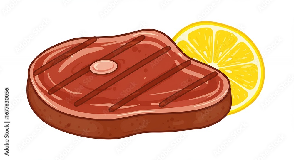 Obraz premium Grilled steak with lemon illustration