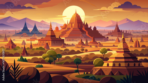 The Bagan Archaeological Zone in Myanmar stretches across vast plains, where thousands of ancient brick temples and golden stupas rise under the sun, creating a breathtaking spiritual horizon.