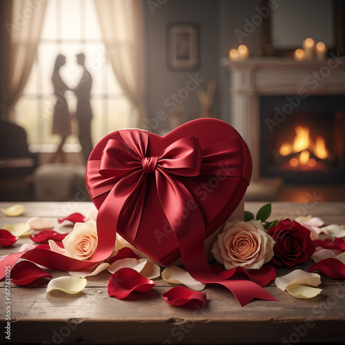 Heart-shaped gift box with a red satin bow surrounded by rose petals and roses, with a romantic fireplace and silhouette of a couple in the background