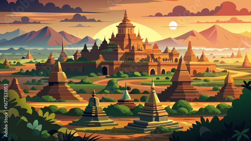 The Bagan Archaeological Zone in Myanmar stretches across vast plains, where thousands of ancient brick temples and golden stupas rise under the sun, creating a breathtaking spiritual horizon.