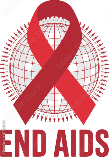 Red ribbon over a globe surrounded by small people with text end aids on a white background