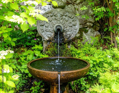 Garden fountain with flowing water