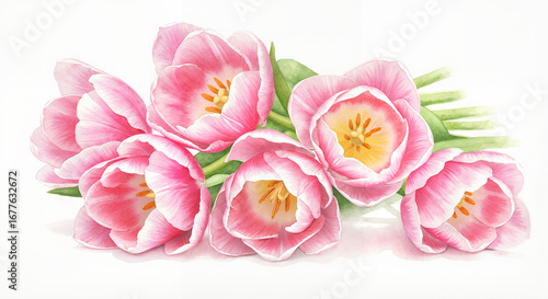 Delicate pink tulips, watercolor painting on white background with soft pastel brush strokes, airy dreamy mood