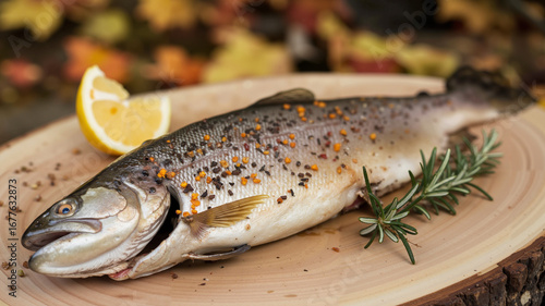 Whole trout with herbs and spices on a wooden board with autumn leaves background