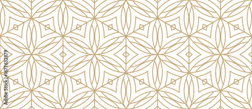 Wallpaper Mural Golden vector linear geometric seamless pattern with floral silhouettes, leaves, hexagonal grid, thin lines. Gold and white abstract texture. Oriental geometric background. Repeated luxury geo design Torontodigital.ca