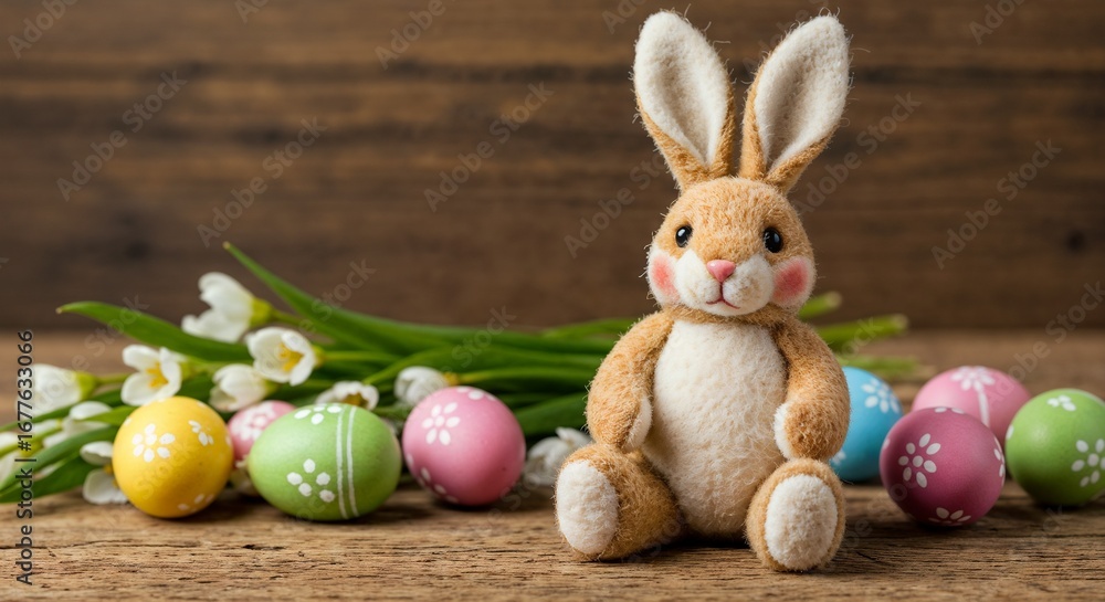 Obraz premium Easter bunny plush toy sitting on wooden table with colorful painted eggs and spring flowers, soft natural light