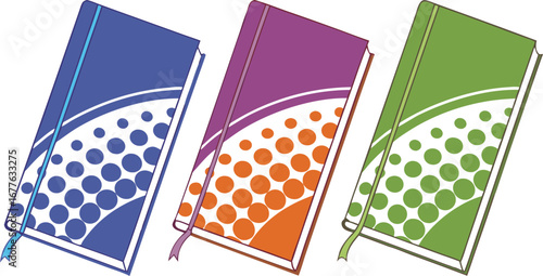 Three colorful notebooks featuring abstract pattern and curve design ready for creative ideas and organization