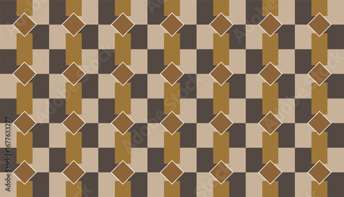 Seamless geometric pattern with a warm brown and beige color scheme. This design features checkerboard squares and diamond shapes, creating an elegant retro vibe