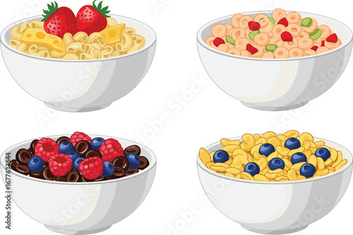 Breakfast Cereal Bowls with Fruits Vector Illustration Featuring Healthy Morning Meals, Colorful Ingredients, Nutritious Food and Dietary Lifestyle Concept