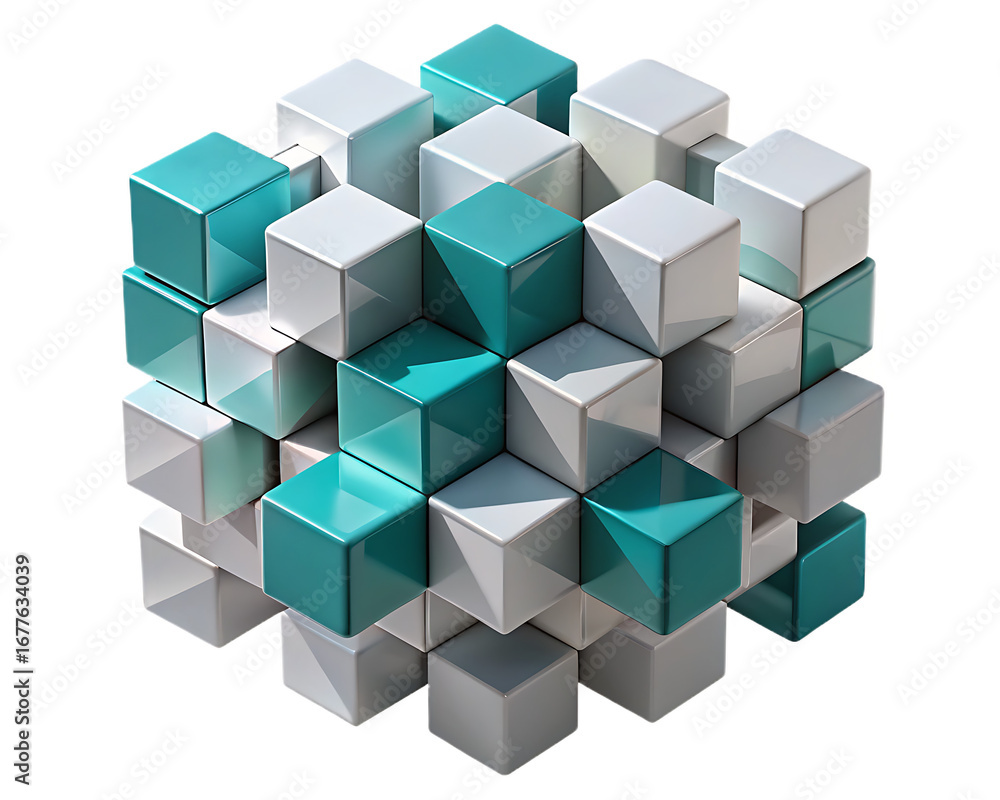 Naklejka premium Interlocking Cubes in White and Teal Forming a Spherical Geometric Structure abstract