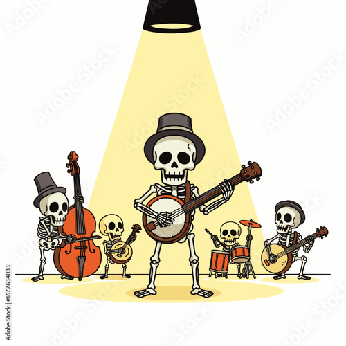 A lively skeleton band, featuring a banjo player in a top hat, performs a spirited musical show under a bright spotlight.