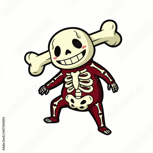 A cheerful cartoon skeleton figure wearing a red costume with a large bone through its head, smiling widely and posing playfully on a white background.