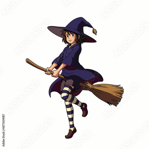 A charming anime witch, adorned in a dark blue dress, pointy hat, and striped stockings, gracefully flies on her magical broomstick, evoking fantasy.