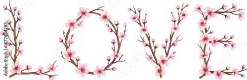 Cherry Blossom LOVE Typography Vector Illustration with Floral Branch Letters for Romantic Design, Spring Theme, Nature Art and Wedding Decor