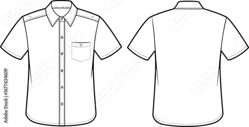 Men’s short sleeve shirt cad drawing flat vector illustration, button-up shirt technical sketch, front and back fashion template