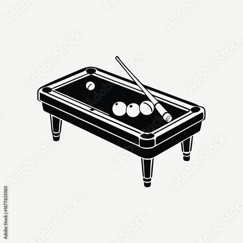 Billiard table with balls and cue isolated on white background, perfect for pool game or snooker