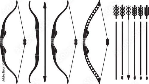 Collection of Traditional Bows and Arrows in Black Silhouette archery weapon