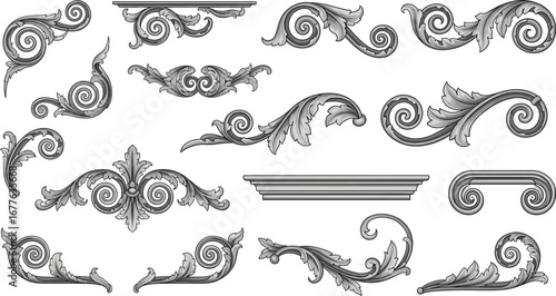 Ornamental scrollwork and foliage vector set with classical acanthus leaf designs for architecture, furniture, borders, and decorative graphic use