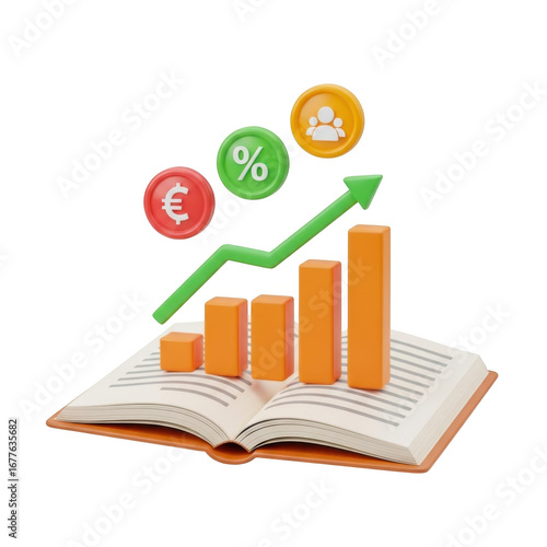 Business growth and financial success illustrated by open book and upward trend graph transparent background