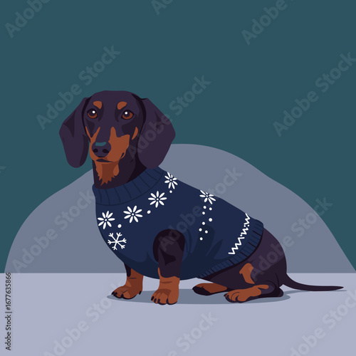 Dachshund in cozy Christmas sweater sitting, minimalist vector design