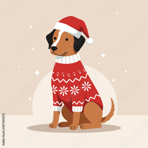 Dog in cozy Christmas sweater sitting, minimalist vector design with bold flat colors and soft gradient backdrop
