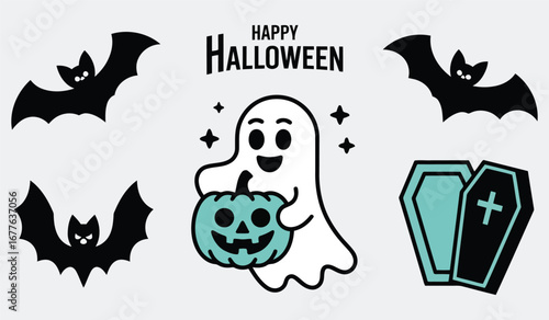 Vector art of happy halloween ghost holding pumpkin with bats and coffins