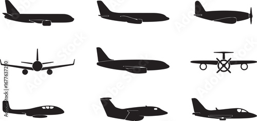 Diverse Silhouettes of Airplanes and Aircraft on a White Background aviation travel